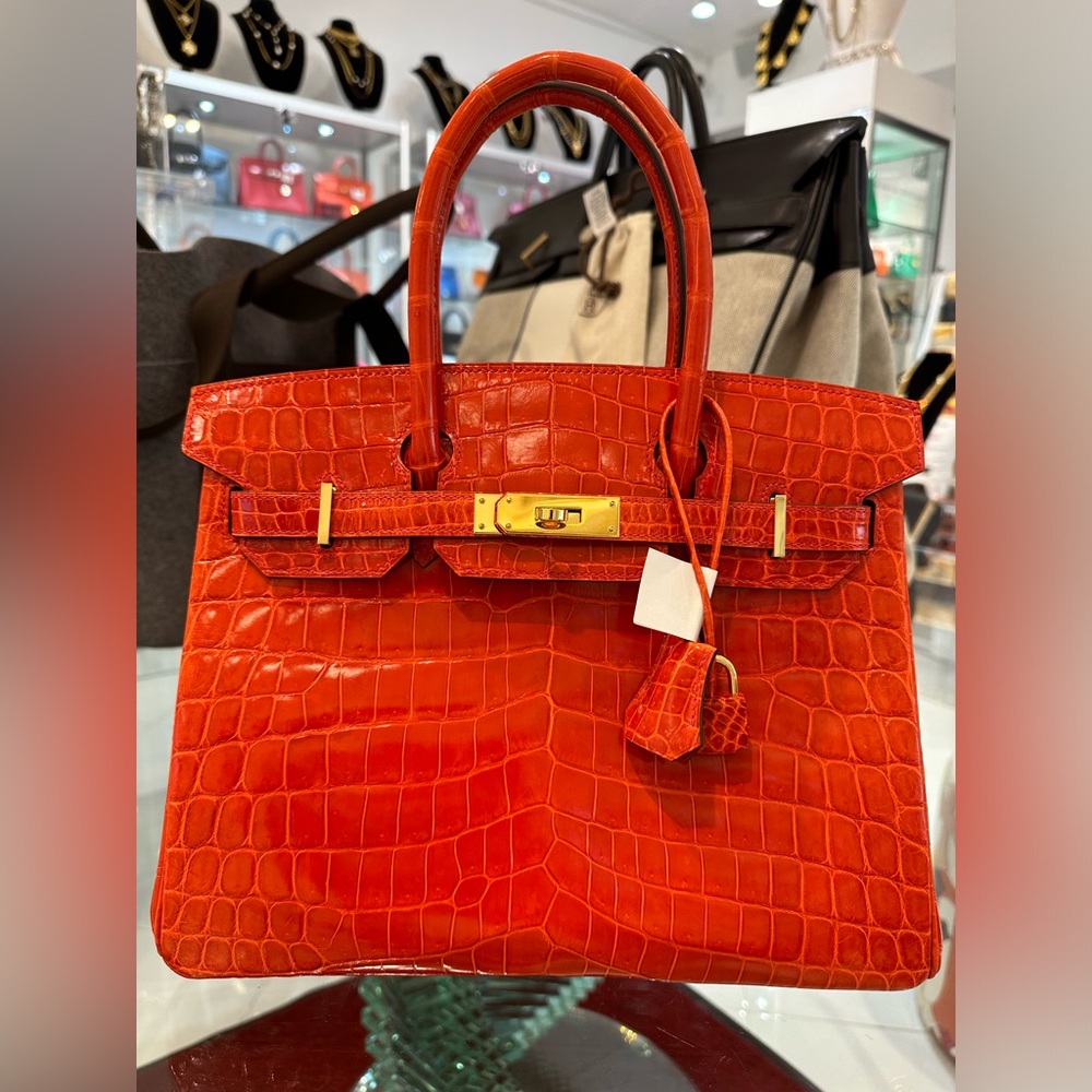 Authentic Hermes 30cm Geranium Croc Handbag